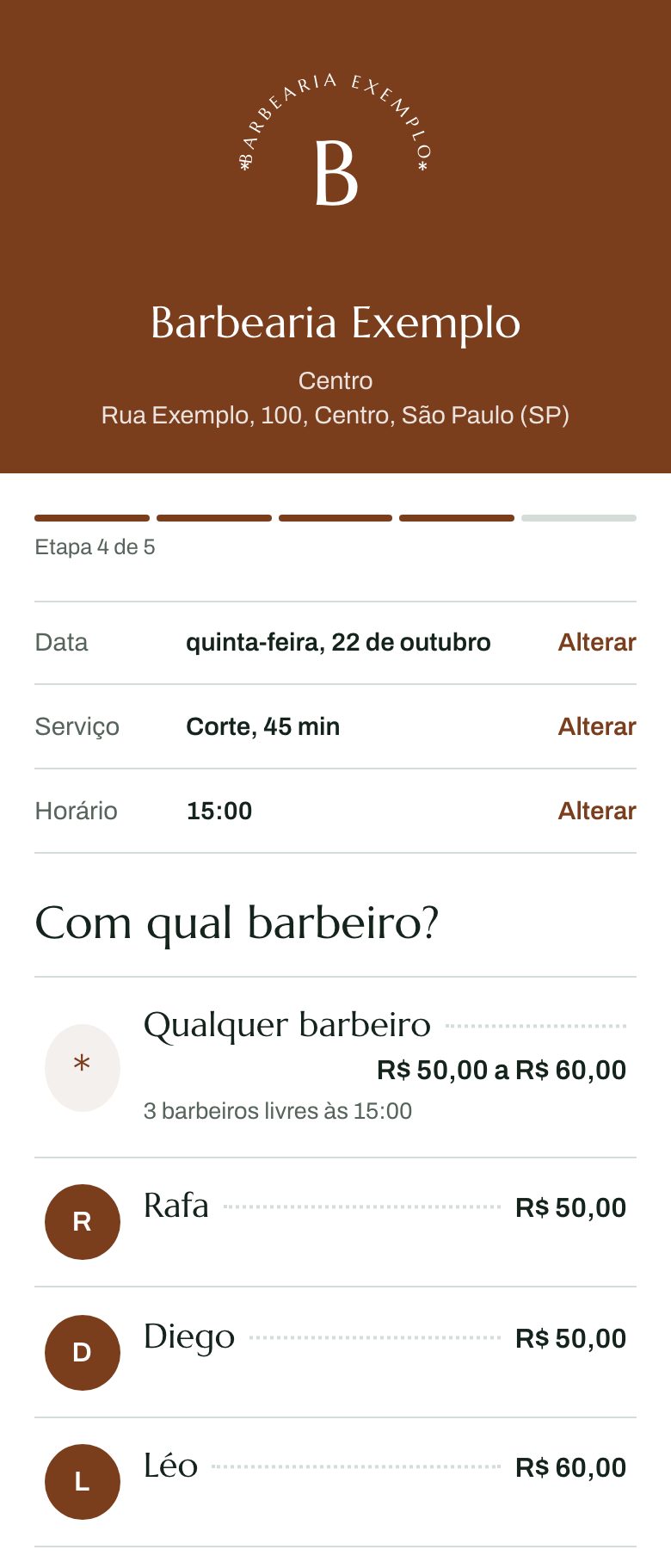 Página de agendamento do MyBarber no celular, com os horários livres do dia para corte